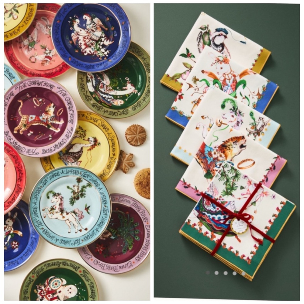 Anthropologie Phannanact 12 days of Christmas 12 dessert plates & 12 napkins new